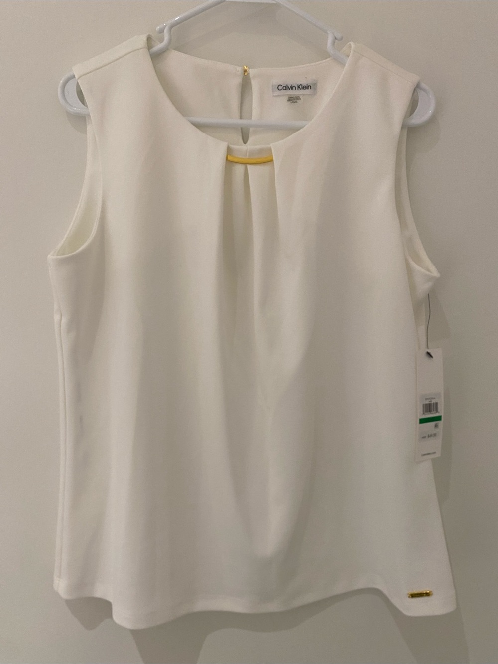 NWT Calvin Klein White Sleeveless Blouse Top With Gold Tone Embellishments L